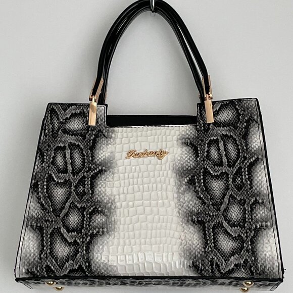 NWOT Snakeskin PU Leather Double Handle Satchel with Crossbody Strap Bla… - Picture 1 of 8